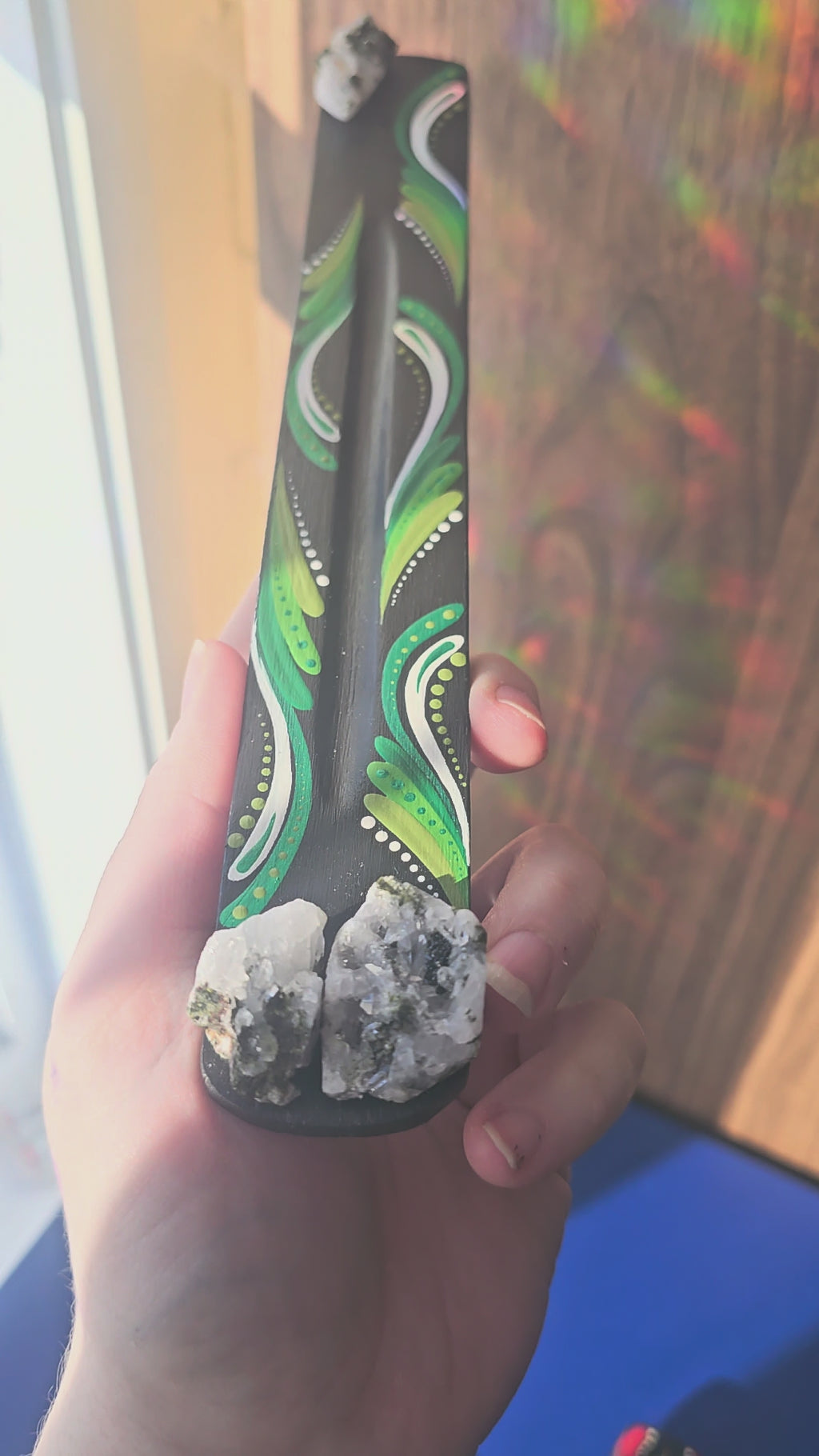 Incense burner with epidote on quartz