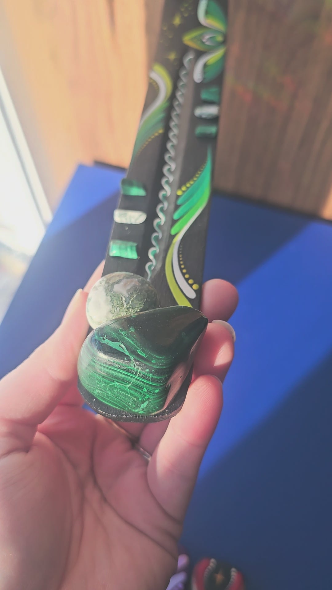 Incense burner, malachite and moss agate