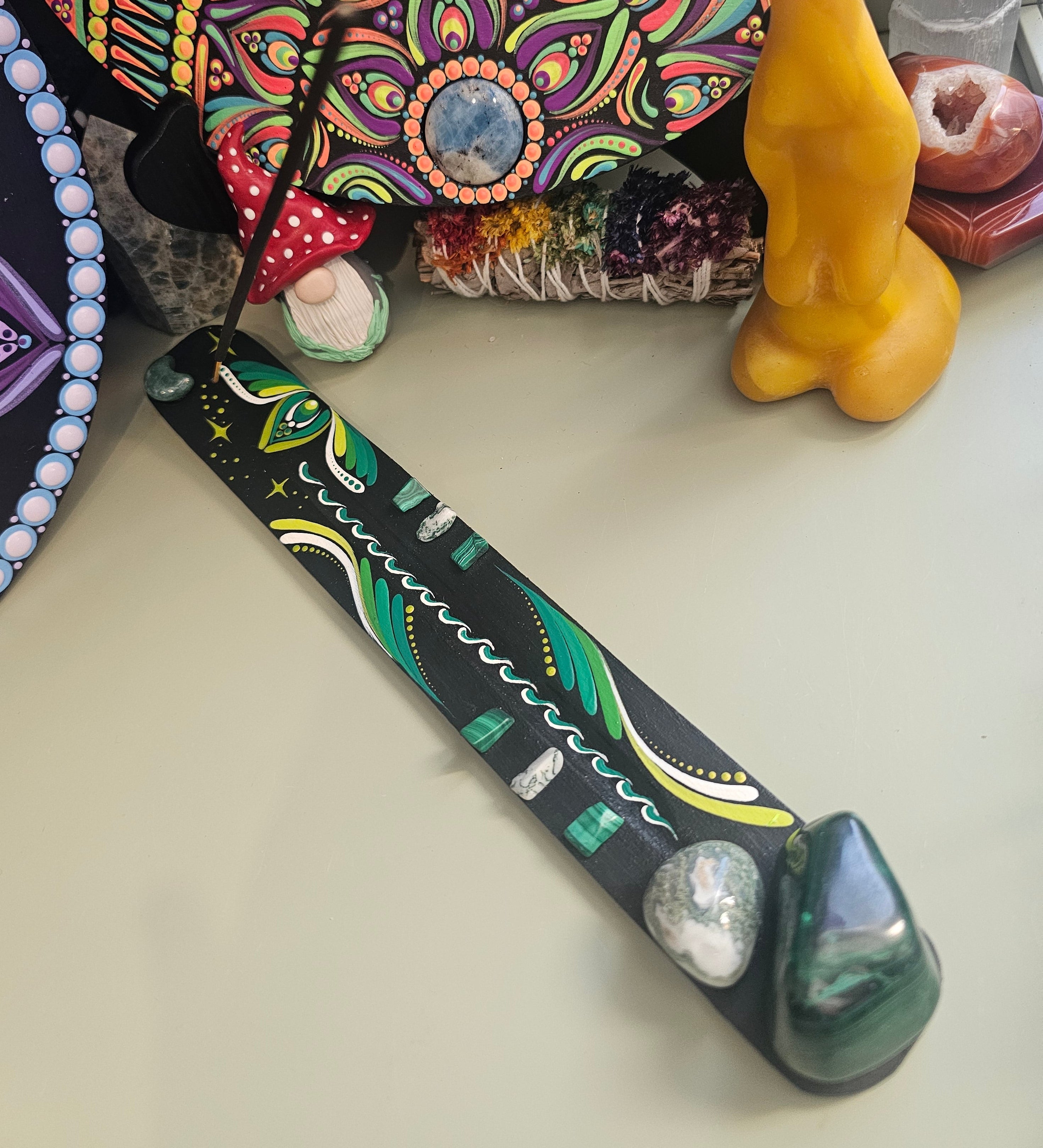 Incense burner, malachite and moss agate