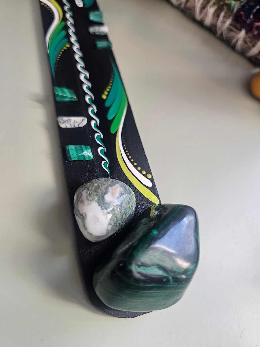 Incense burner, malachite and moss agate