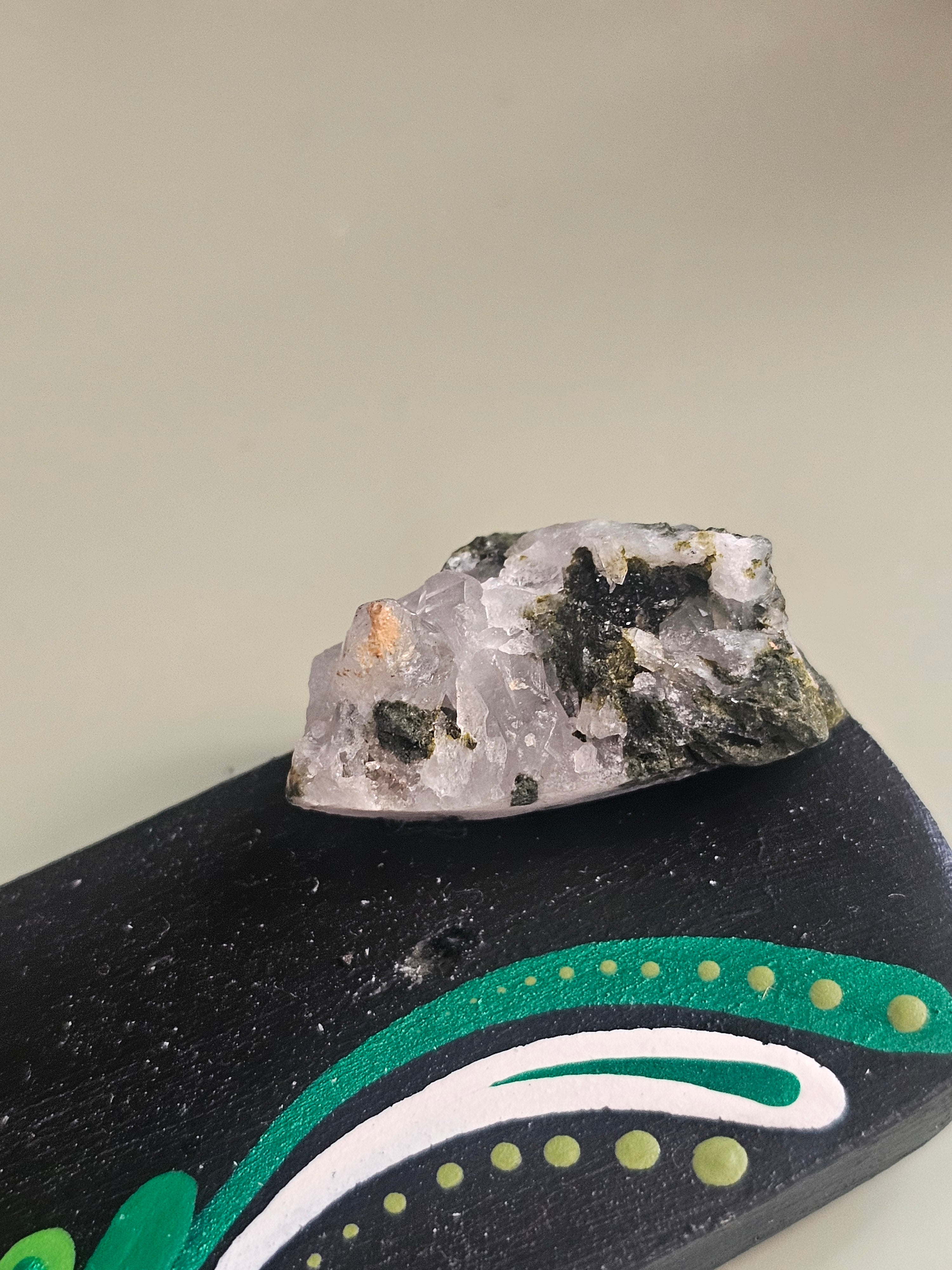 Incense burner with epidote on quartz