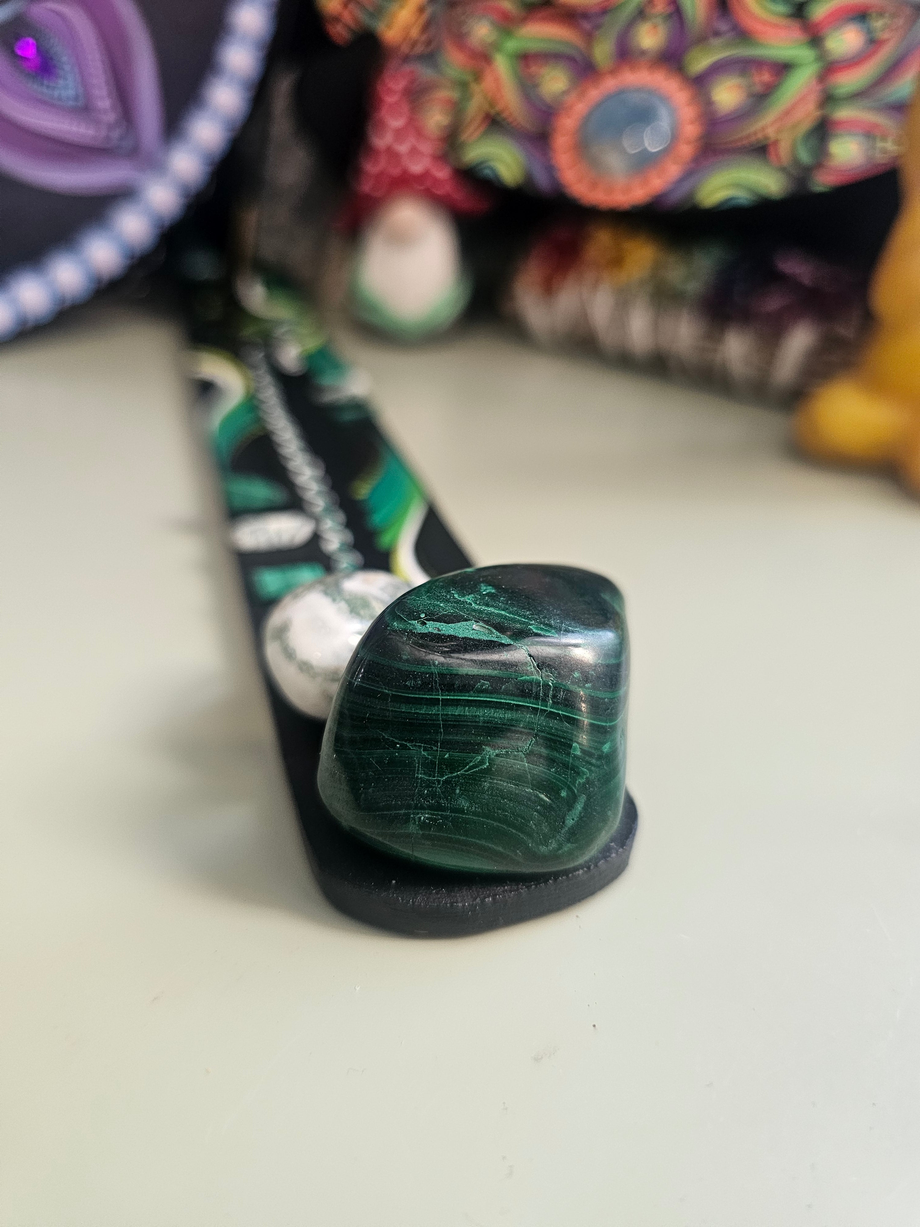 Incense burner, malachite and moss agate